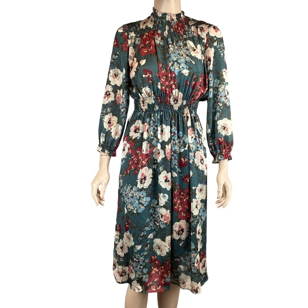 Zara Midi Dress Size Medium Floral With Smocked Waist‎ & Long Sleeves
